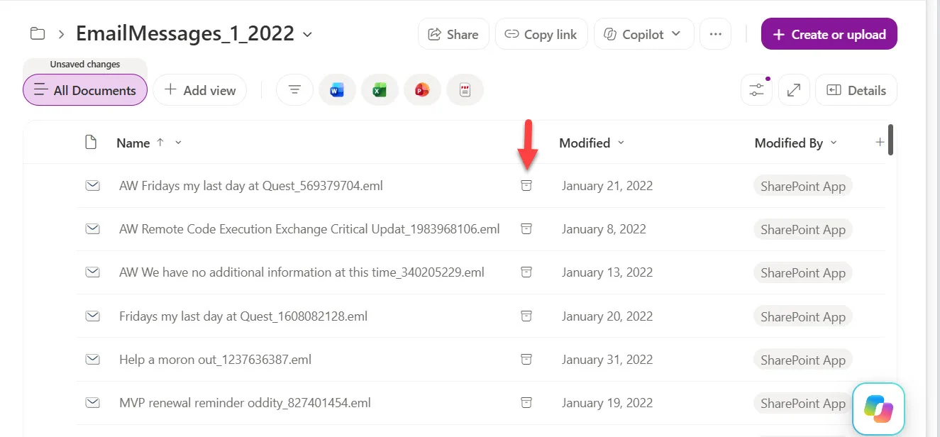 Archived files viewed through SharePoint Online.
File-level archiving