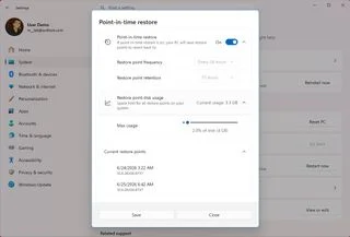 Windows 11 Settings avec les options Point-in-time Restore.