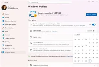 Page des Paramètres Windows Update avec nouvelles options de pause.