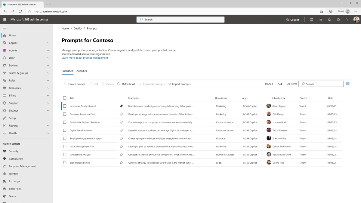 Interface des prompts personnalisés dans Copilot Chat