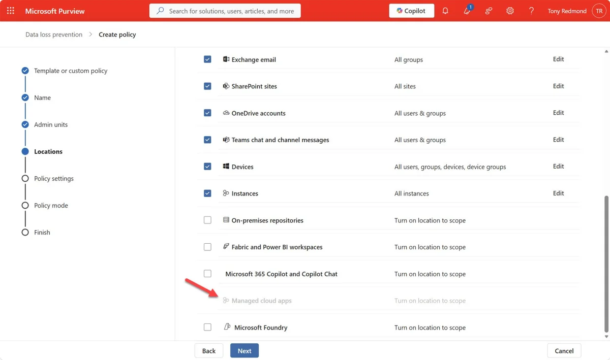 DLP policy for managed cloud apps location.
External services.