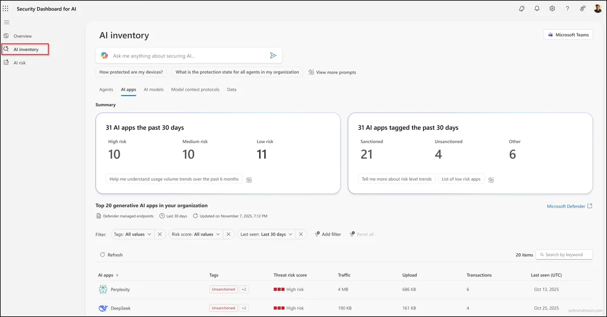 AI inventory page in Security Dashboard for AI