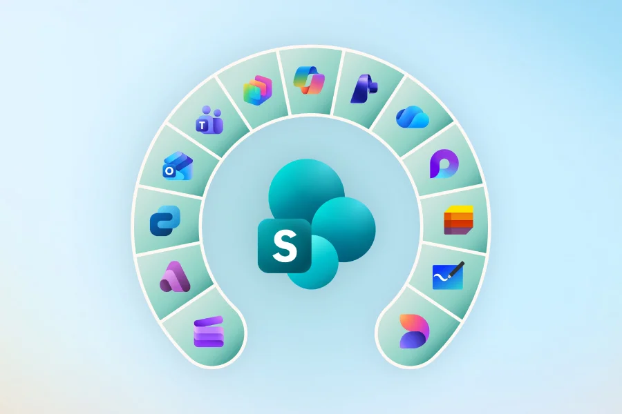 Teal SharePoint logo displayed at the center, encircled by a ring of Microsoft 365 app icons on a gradient background, with 'SharePoint' written below the graphic.