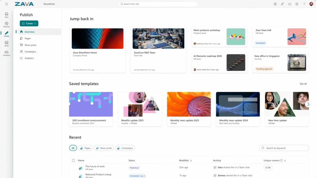 Screenshot of a SharePoint "Publish" dashboard showing a left navigation menu and a main content area with sections titled "Jump back in," "Saved templates," and "Recent." The page displays card-style tiles for team sites, workshops, announcements, and news updates, along with status labels such as published, scheduled, and pending approval. A search bar and filters appear near the top and within the recent content list.