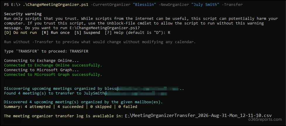 Change Meeting Organizer using PowerShell script